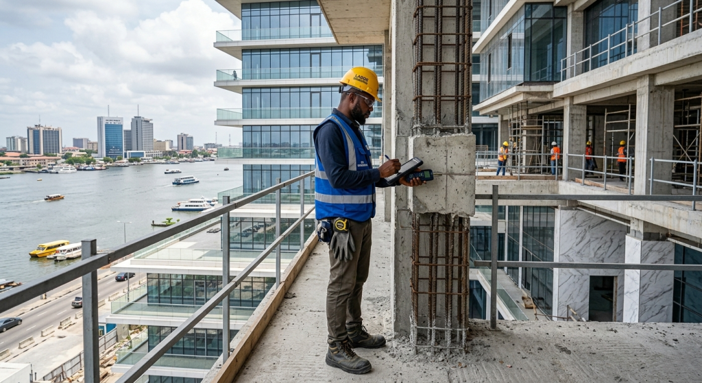 Engineer inspecting building structure in Lagos.